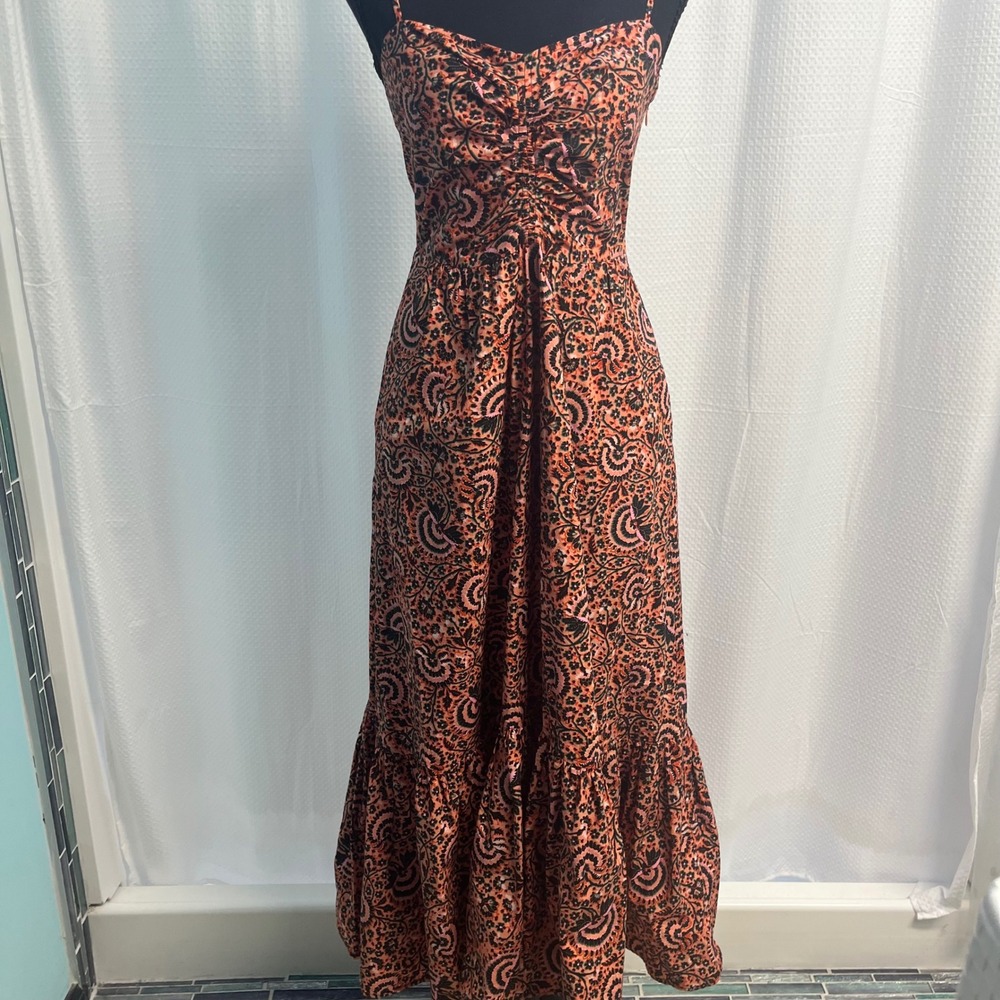 A.L.C. Women Coral Paisley Cotton Ruched Tiered Maxi Dress 6 S-21116DRES01416